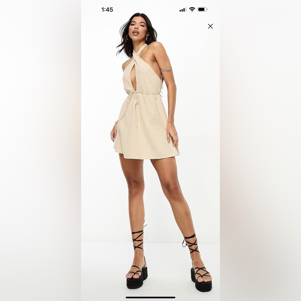 ASOS Design halter neck plunge mini beach dress in natural